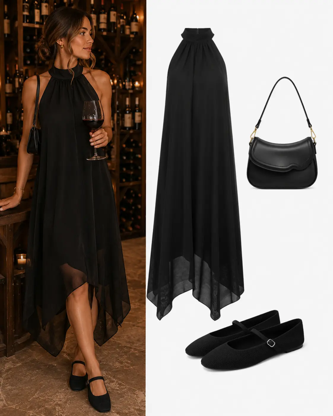 Vestido negro halter con Mary Janes negras y bolso negro en una vinoteca del Valle del Duero