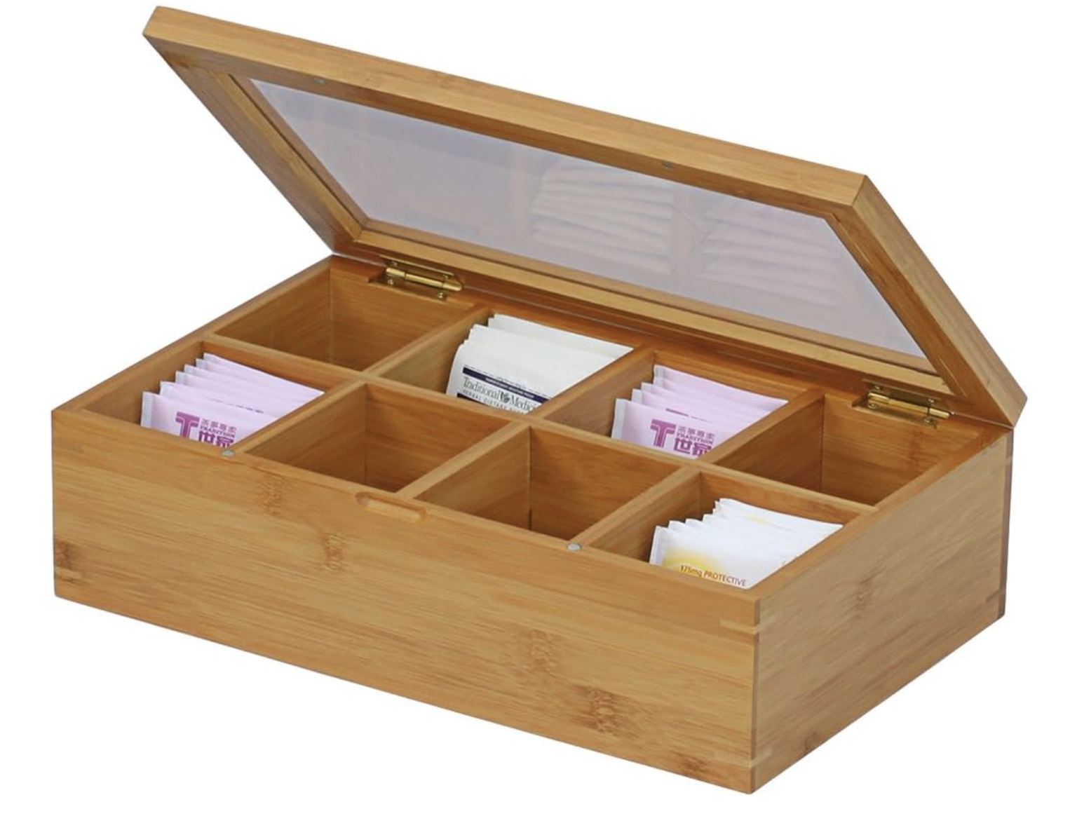 Caja de bambú para té con tapa transparente y compartimentos con bolsitas de té