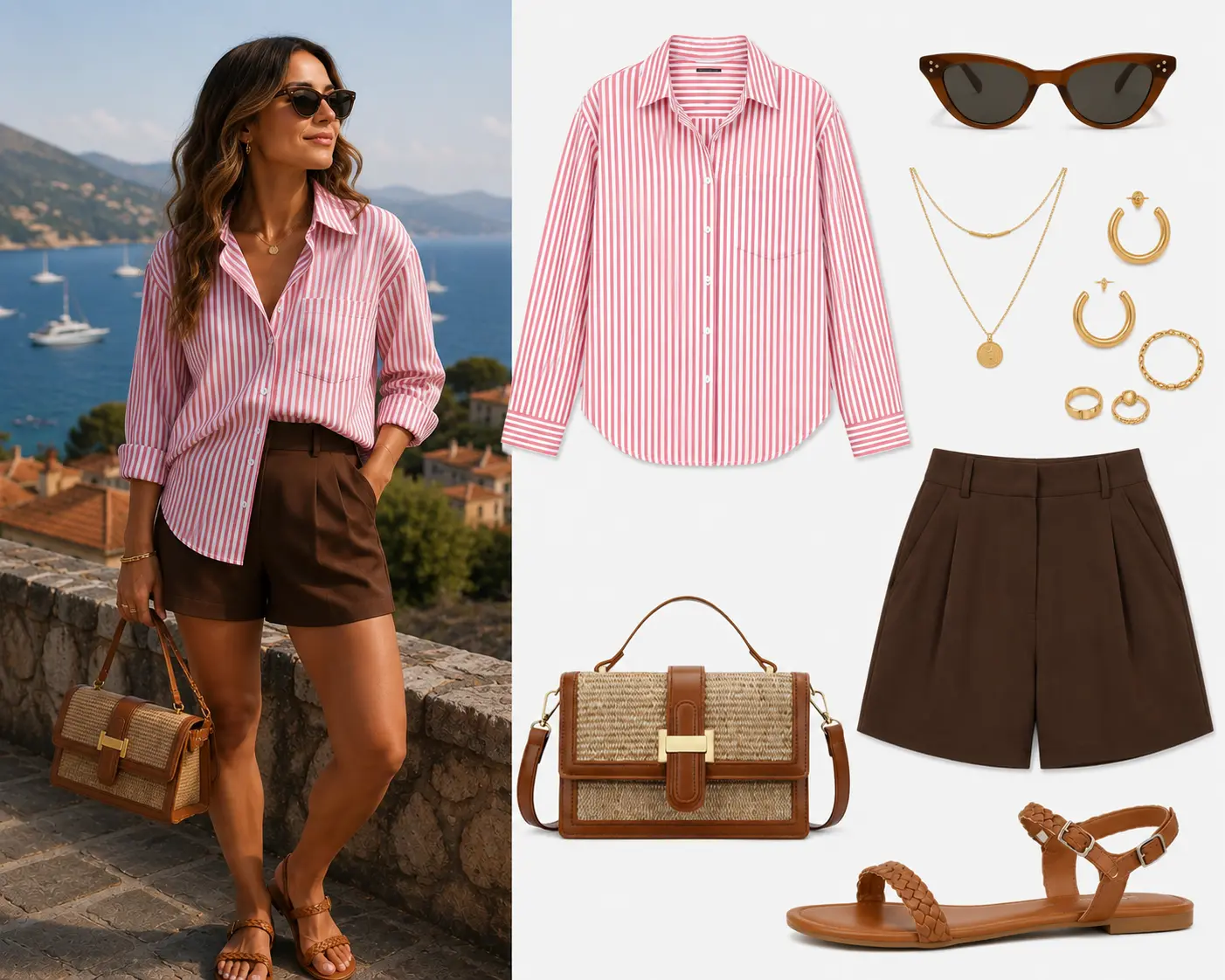 Look de tarde en la Riviera Francesa: camisa rosa de rayas, short chocolate, sandalias camel y bolso camel