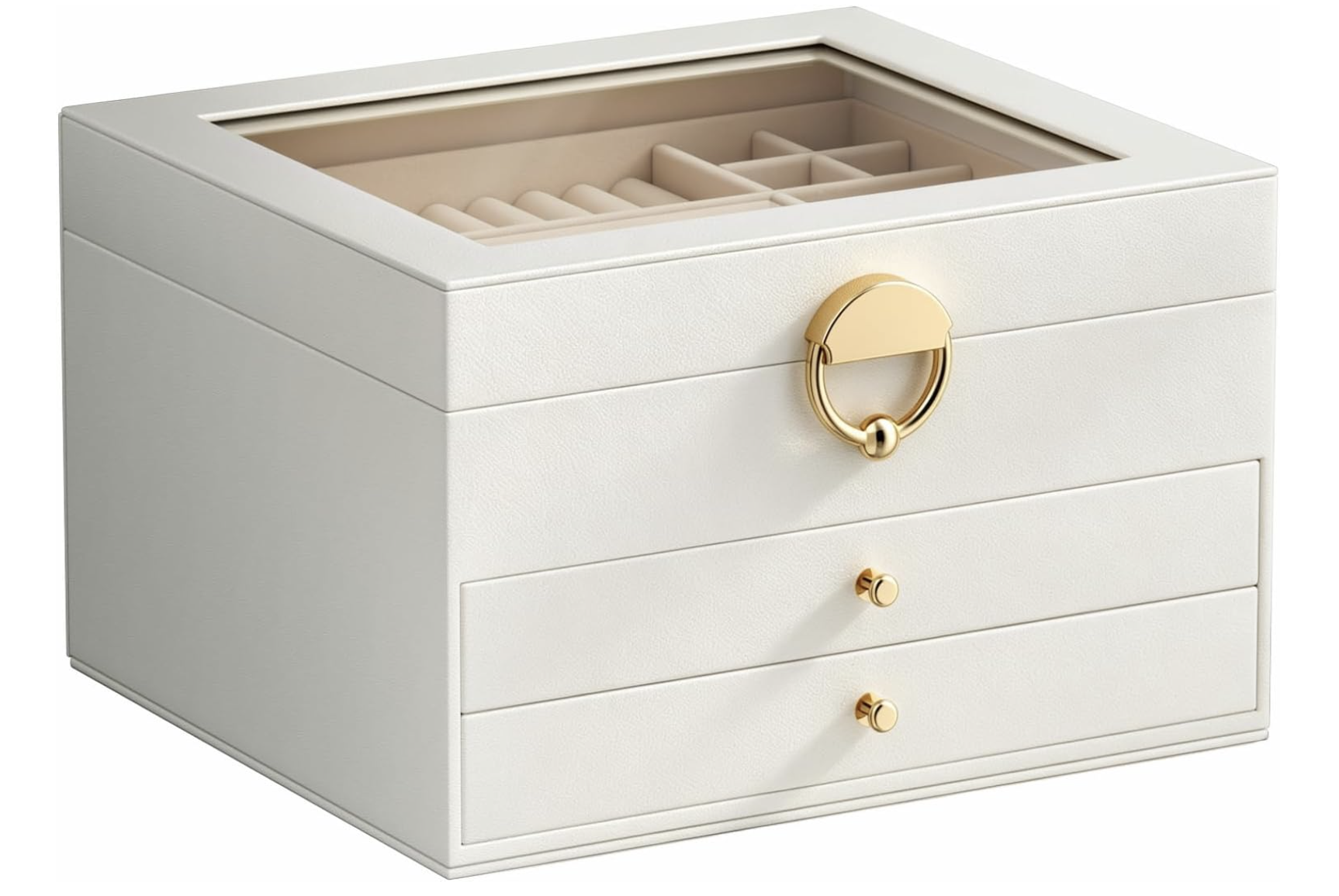 Joyero blanco de tres niveles con detalles dorados y compartimentos interiores