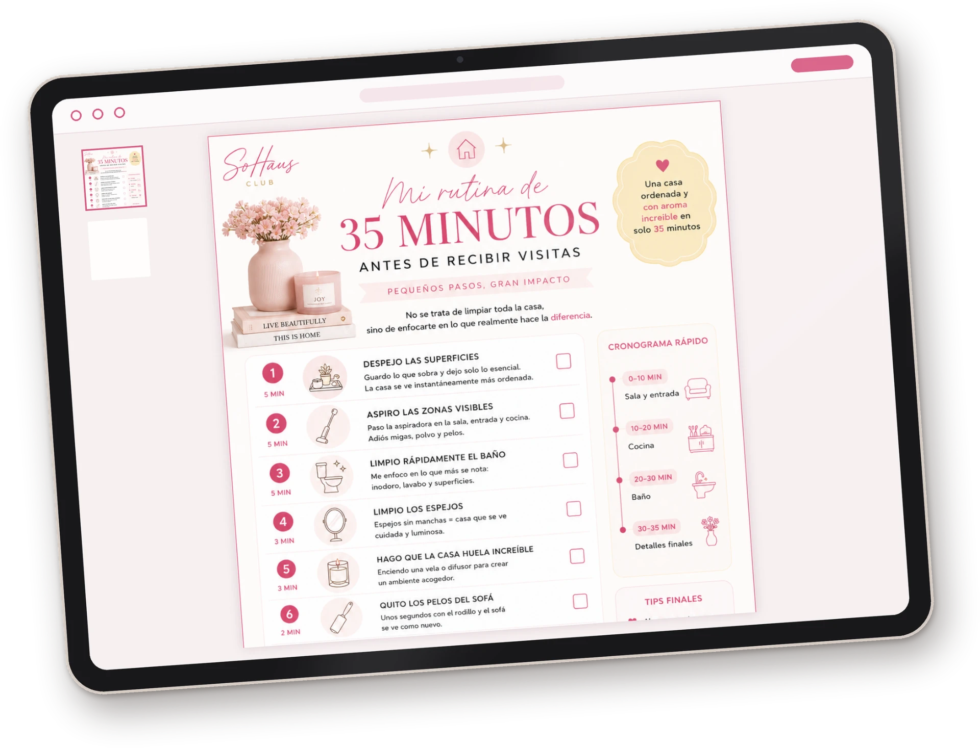 Mockup del checklist gratis Mi Rutina de 35 Minutos de SoHaus Club en un iPad