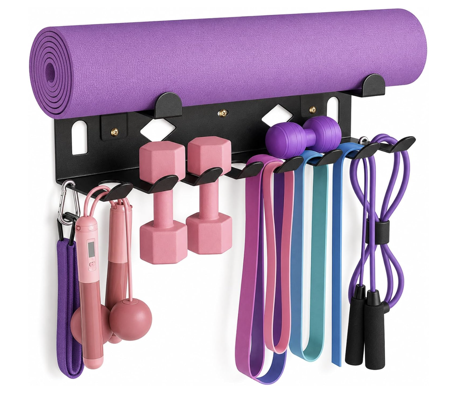 Soporte de acero negro montado en la pared con esterilla de yoga, pesas y bandas de resistencia