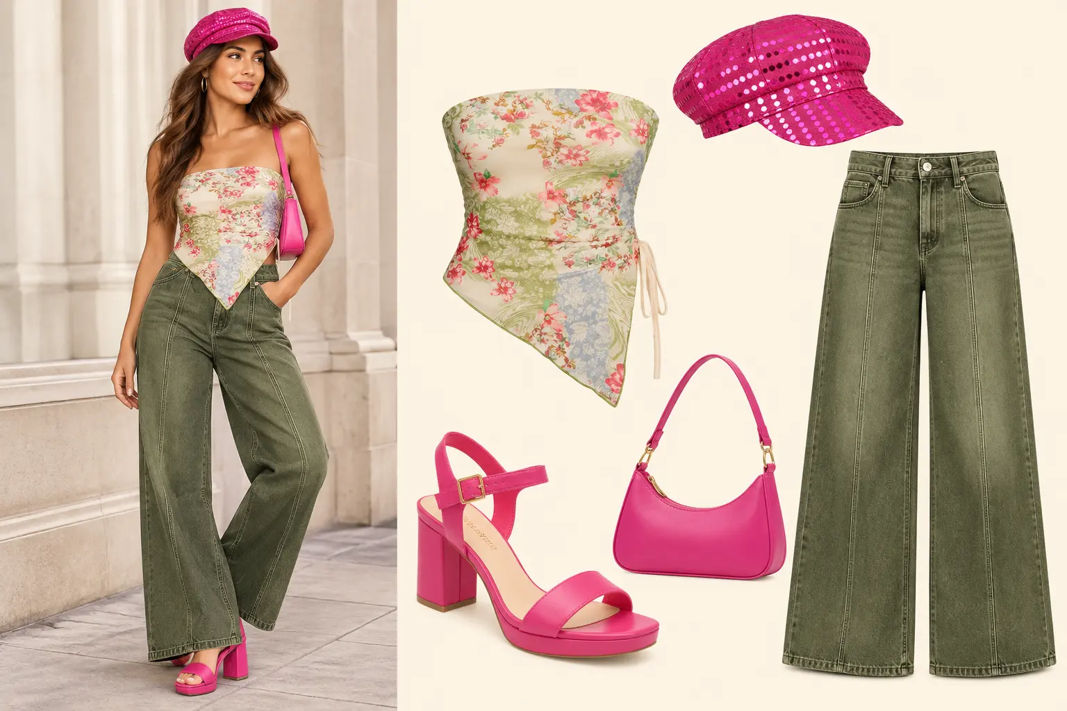 Look 8: Y2K Disco Girl: flores, lentejuelas y mucho rosa, conjunto completo y prendas que lo componen