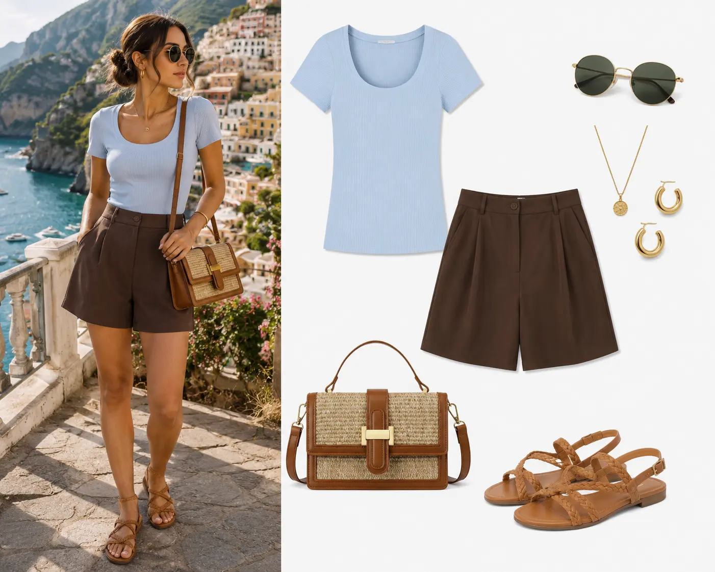 Look de verano en Mallorca frente al mar: top celeste, short chocolate, bolso camel y sandalias camel
