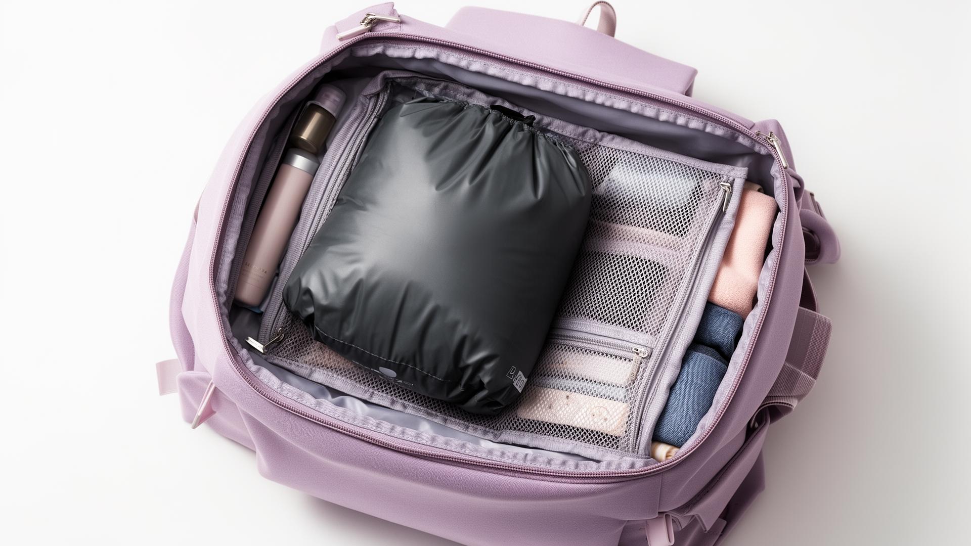 Interior de la mochila mostrando el sistema de compresión al vacío y la organización interna