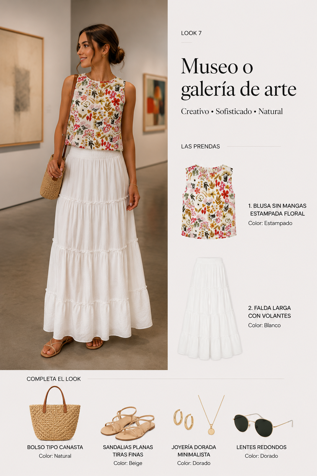 Look 7 con blusa sin mangas de lino y falda blanca bohemia para una cita en un museo