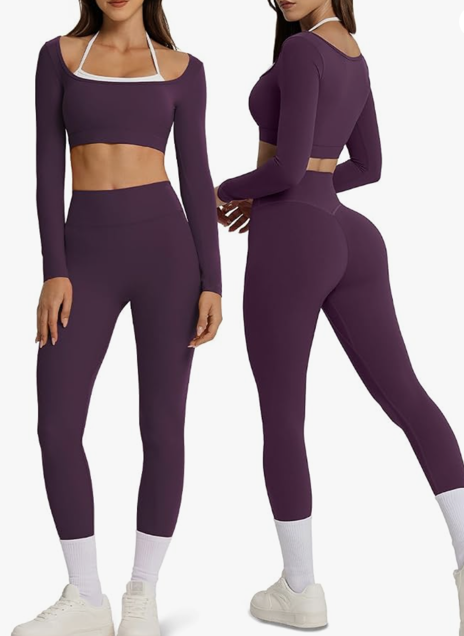 Conjunto grape de tres piezas con crop top de manga larga y leggings para Pilates