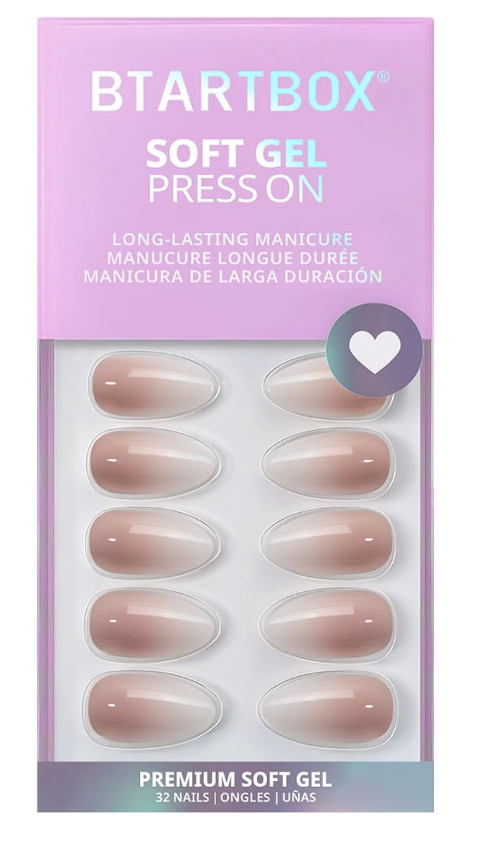 Uñas postizas BTArtbox de gel suave en tonos nude y rosa, presentación de 32 uñas