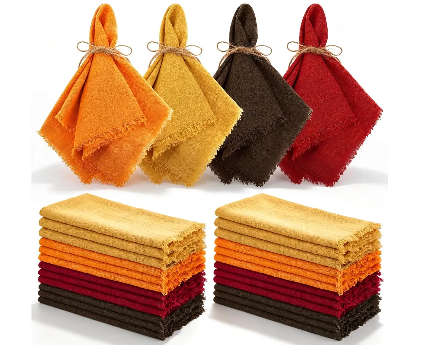 Set de 24 servilletas de algodón y lino en tonos coffee, burgundy, orange y yellow