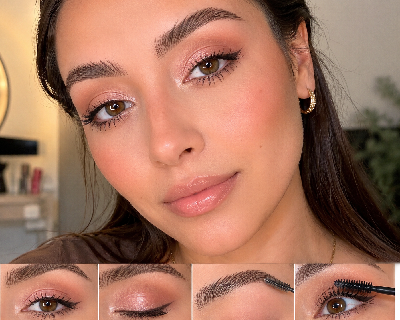 Resultado final del maquillaje rosado natural con sombras suaves, brillo metálico, delineado fino, cejas definidas y pestañas levantadas usando productos e.l.f.