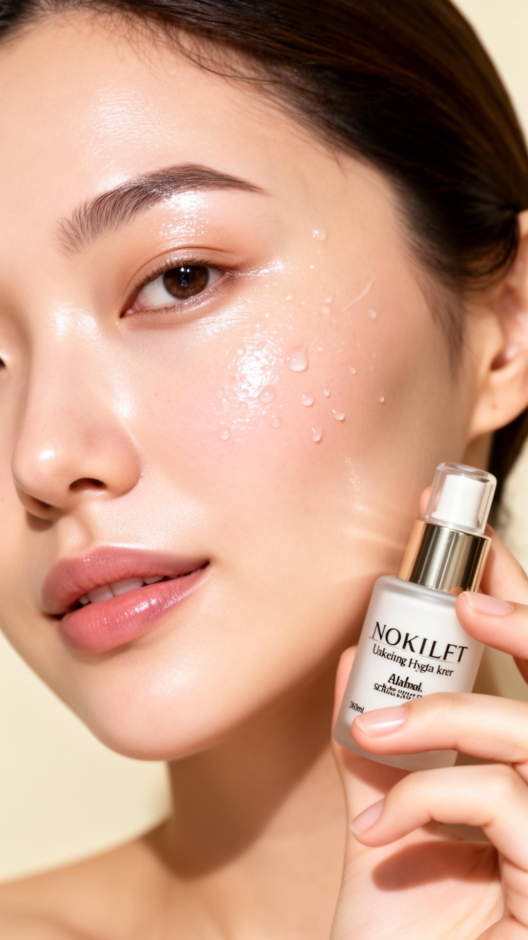 Mujer con piel hidratada y luminosa sosteniendo un producto de skincare e.l.f.