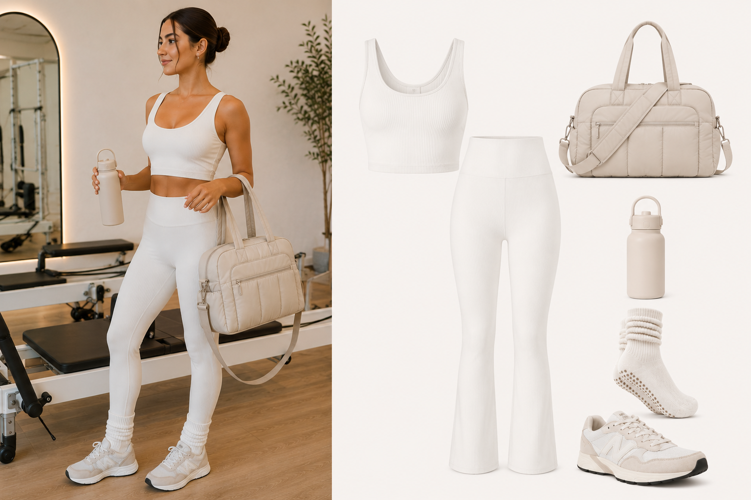 Look 03 · Clean Girl — outfit completo de Pilates con accesorios