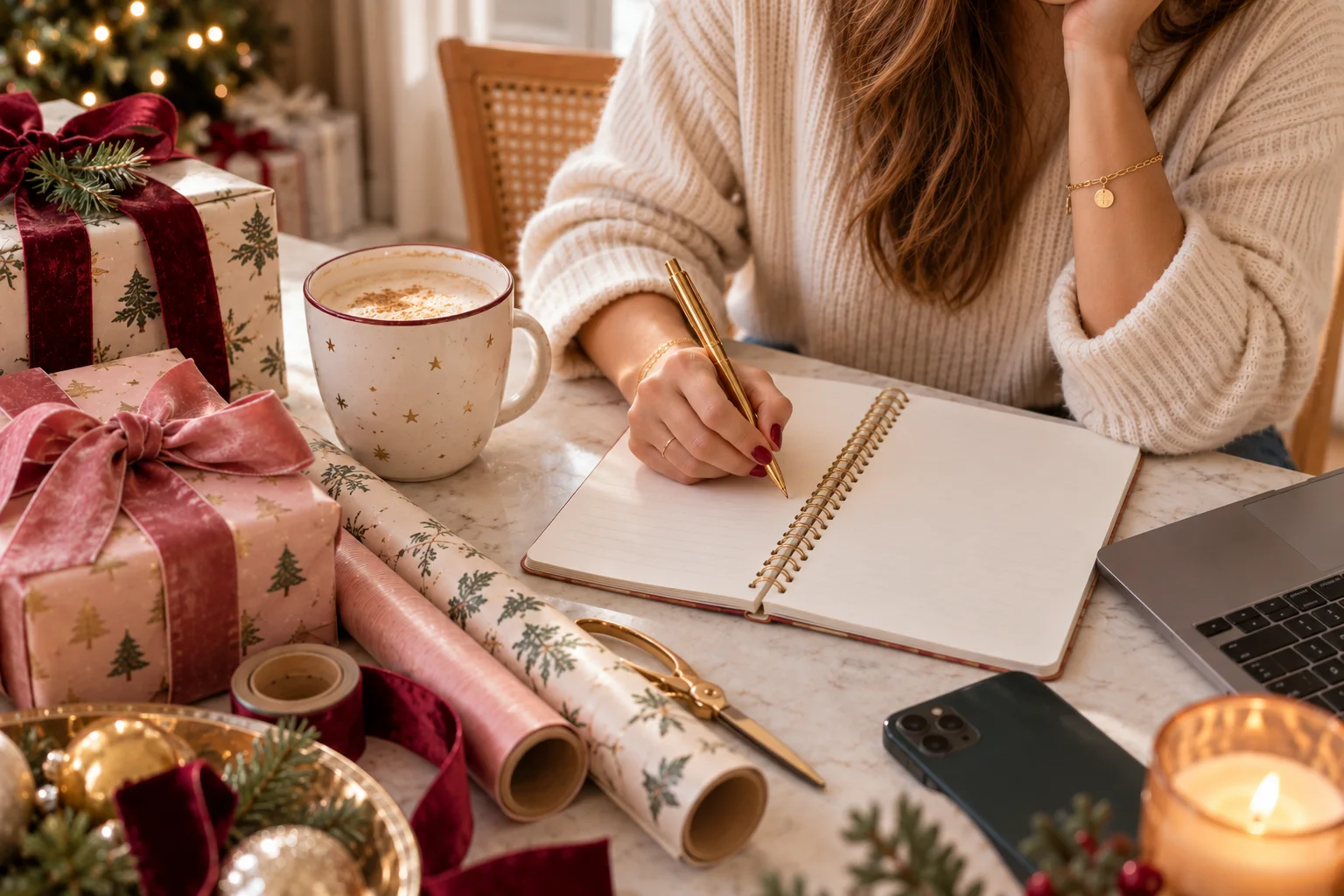 Mujer escribiendo en una libreta junto a regalos de Navidad, café, papel de regalo y tijeras doradas
