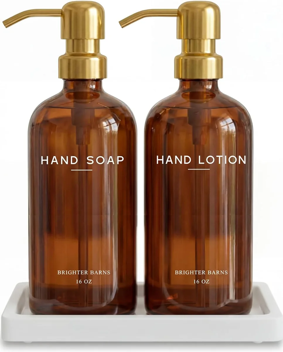 Brighter Barns — Luxury Glass Soap and Lotion Dispenser Set with Tray