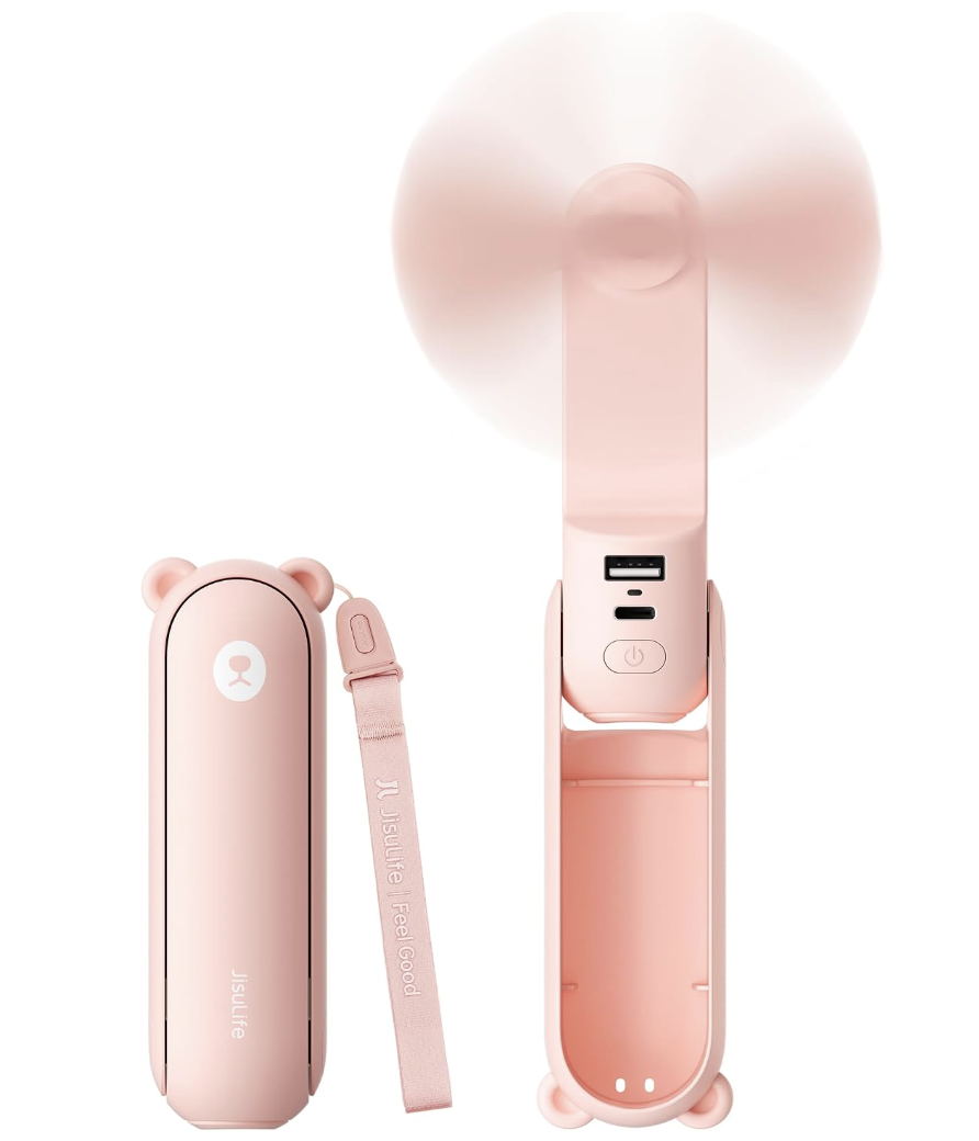 Mini ventilador portátil Jisulife rosa, plegable y con correa