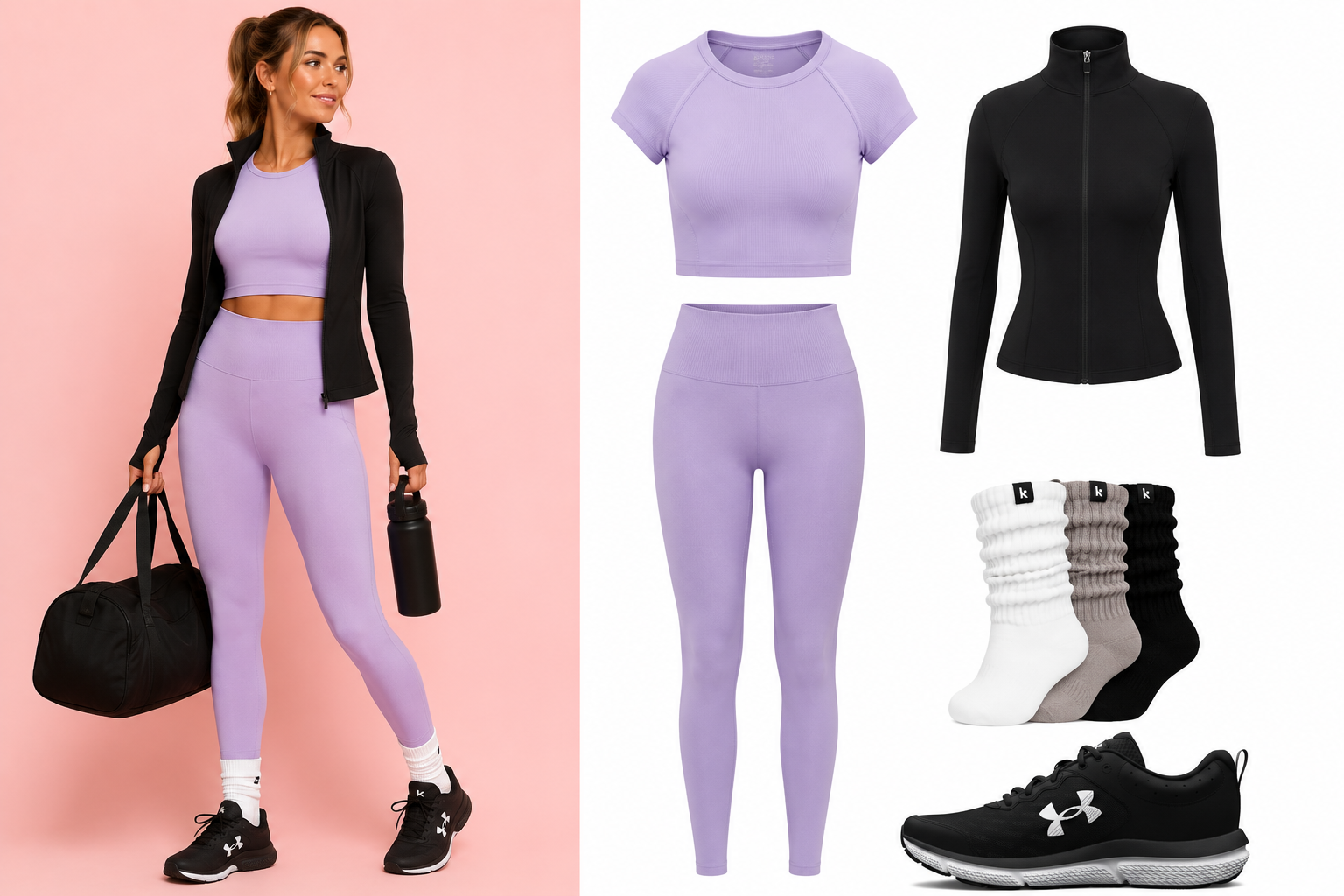 Conjunto deportivo lila con chaqueta negra para un look urbano post-gym