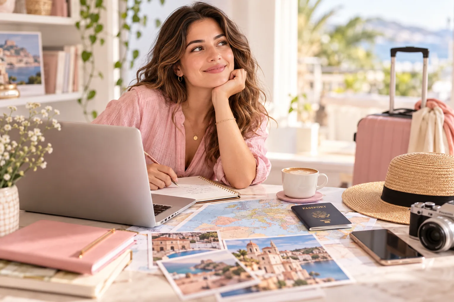 Mujer organizando sus próximas vacaciones con laptop, mapas y pasaporte para planear un viaje sin deudas