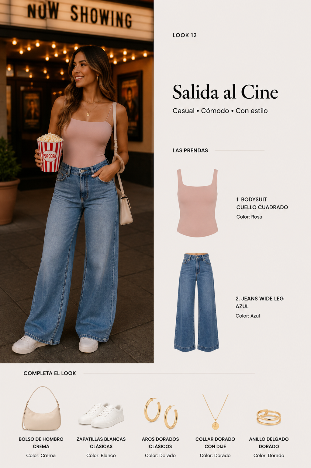 Look 12 con body rosa y jeans wide leg para una noche de cine