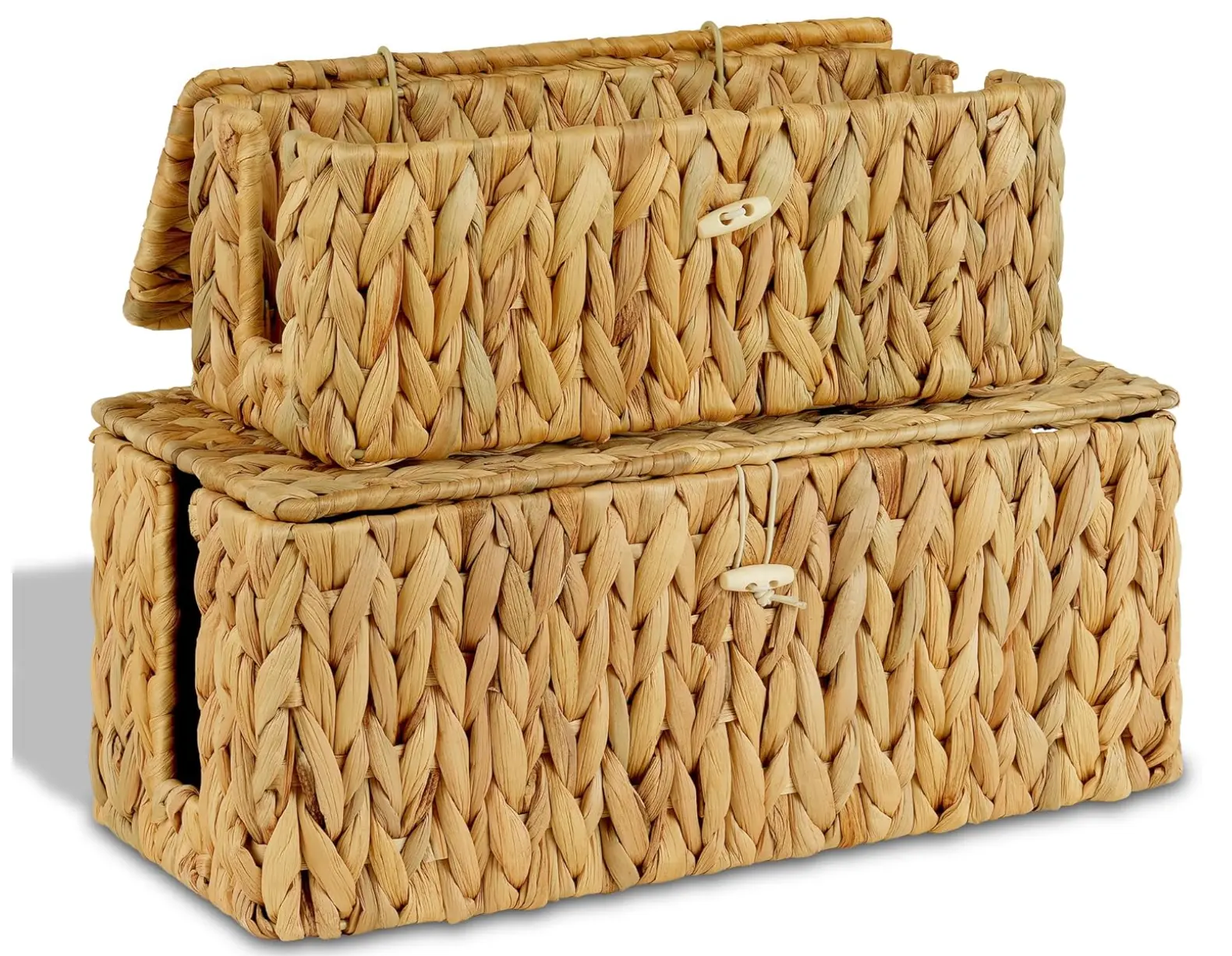Dos cajas tejidas de jacinto de agua con tapa para esconder cables y regletas