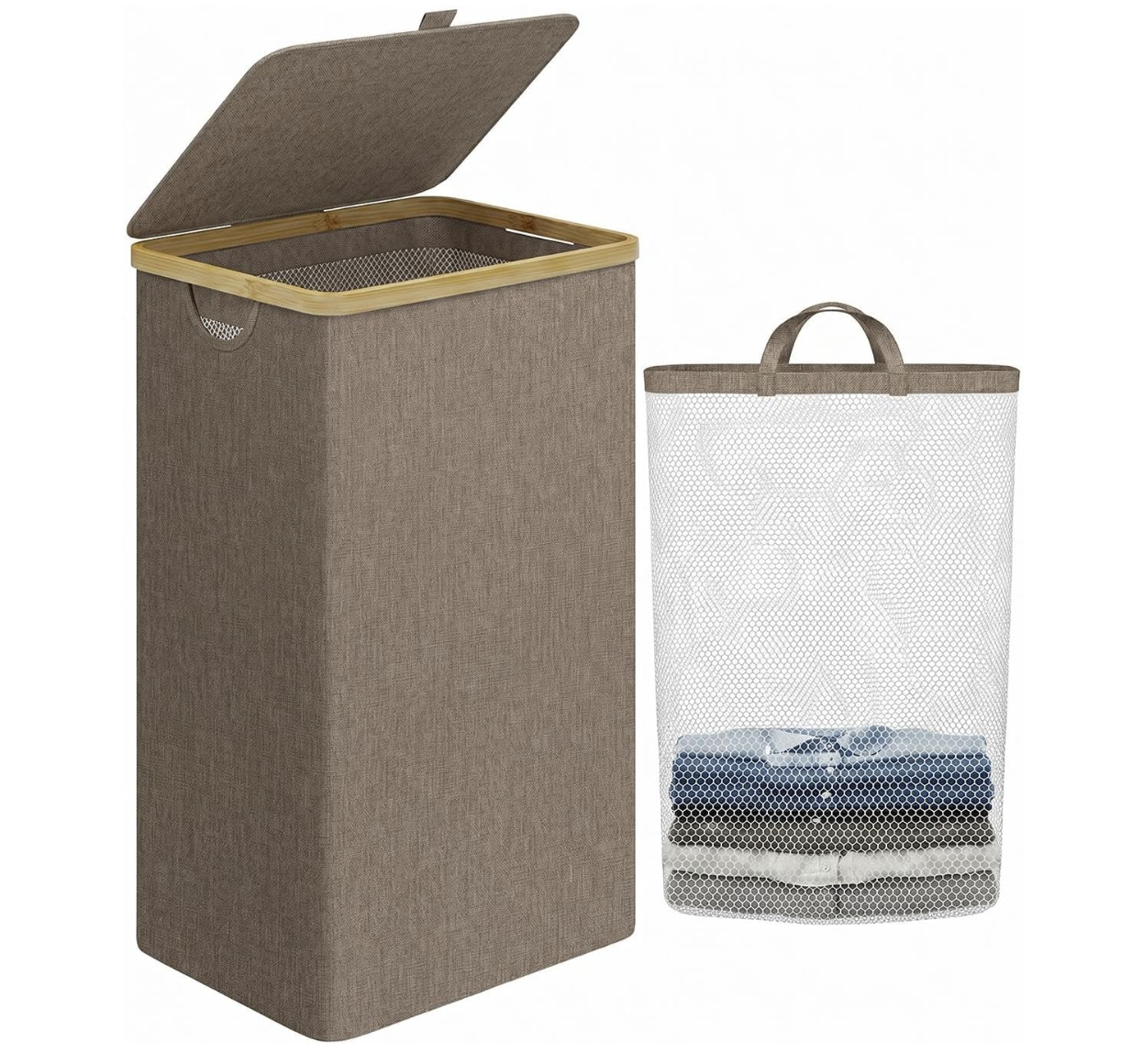 Cesto de ropa marrón de 110 litros con tapa de madera y bolsa interior de malla
