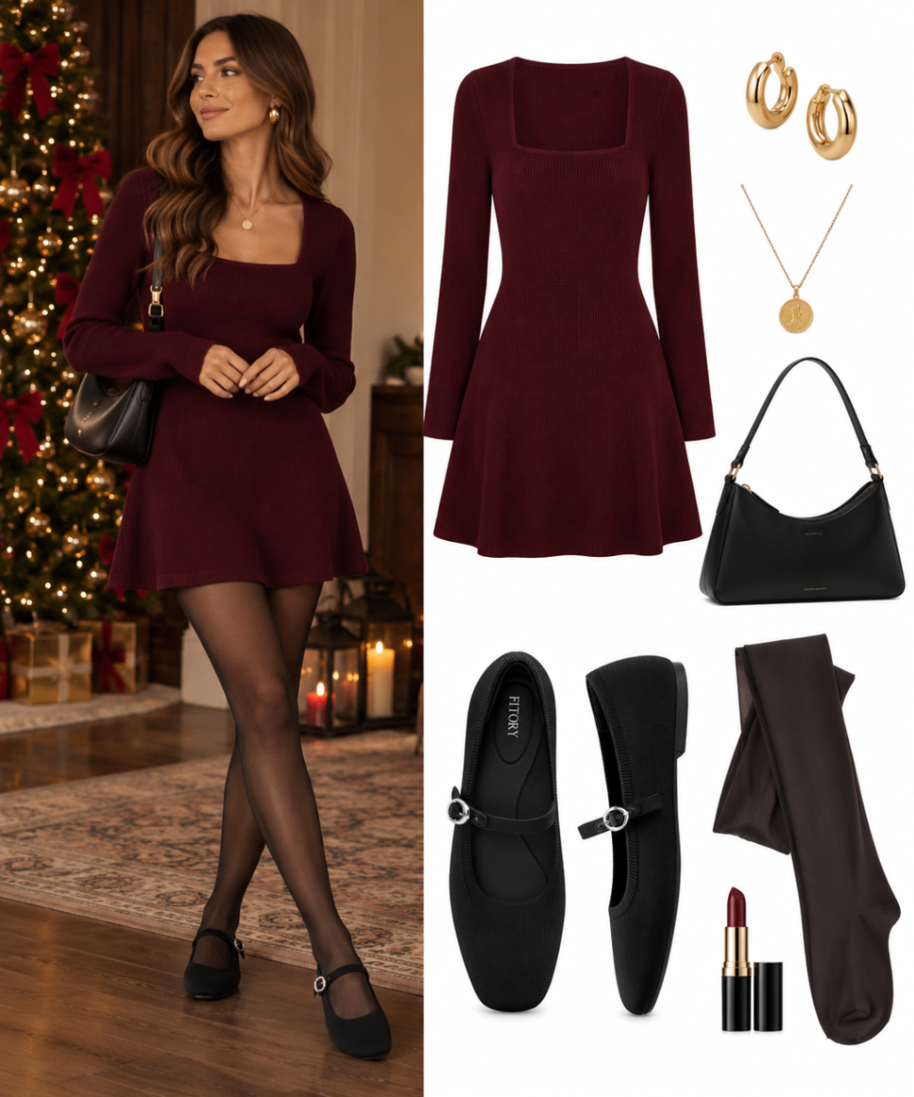 Outfit de Navidad con mini vestido burgundy, medias negras transparentes y zapatos Mary Jane negros tejidos