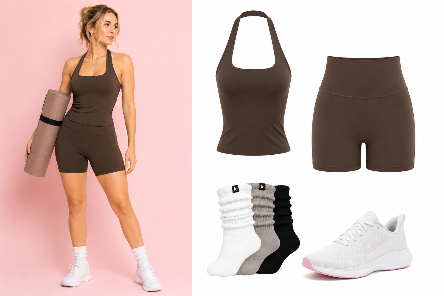 Conjunto deportivo café con top halter para pilates o yoga