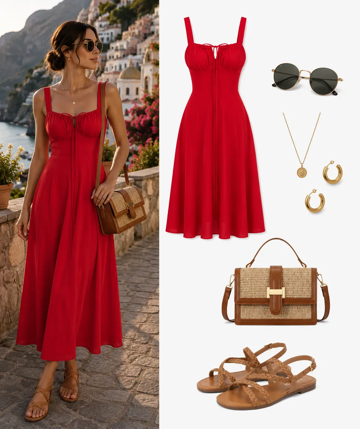 Vestido rojo con sandalias camel y bolso camel frente a la Costa Amalfitana al atardecer