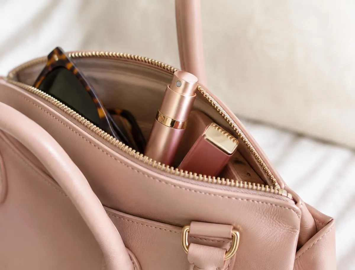 Atomizador de perfume rosa dentro de un bolso de piel rosa junto a gafas de sol