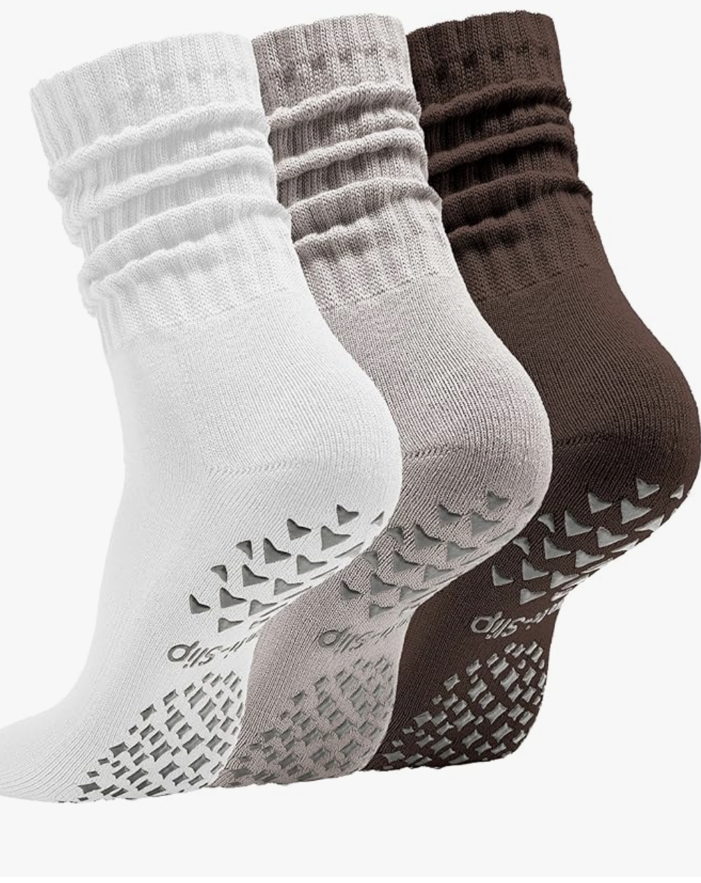 Calcetines antideslizantes para Pilates en blanco, khaki y brown con grips