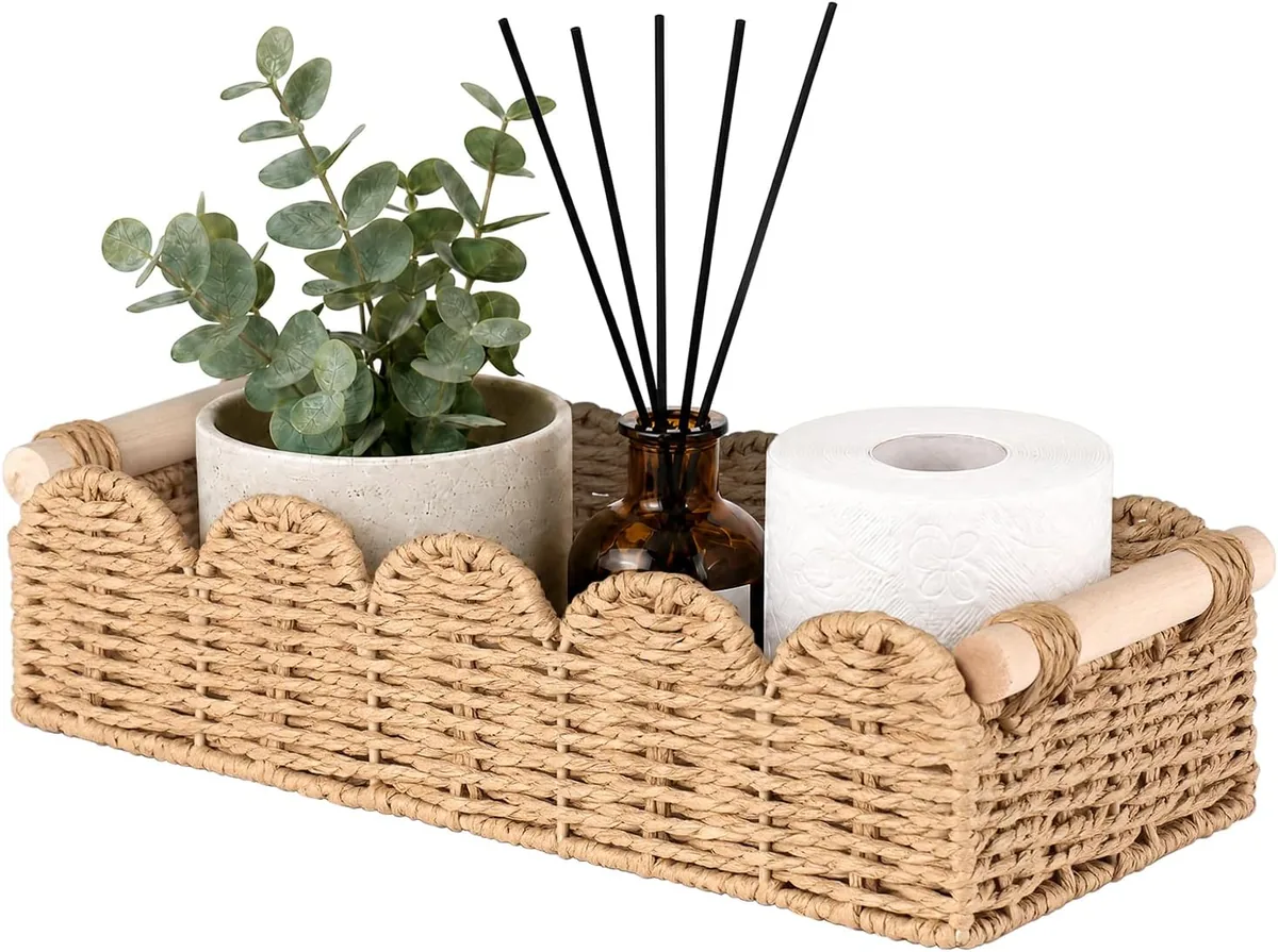 Scalloped Woven Bathroom Storage Basket, Beige