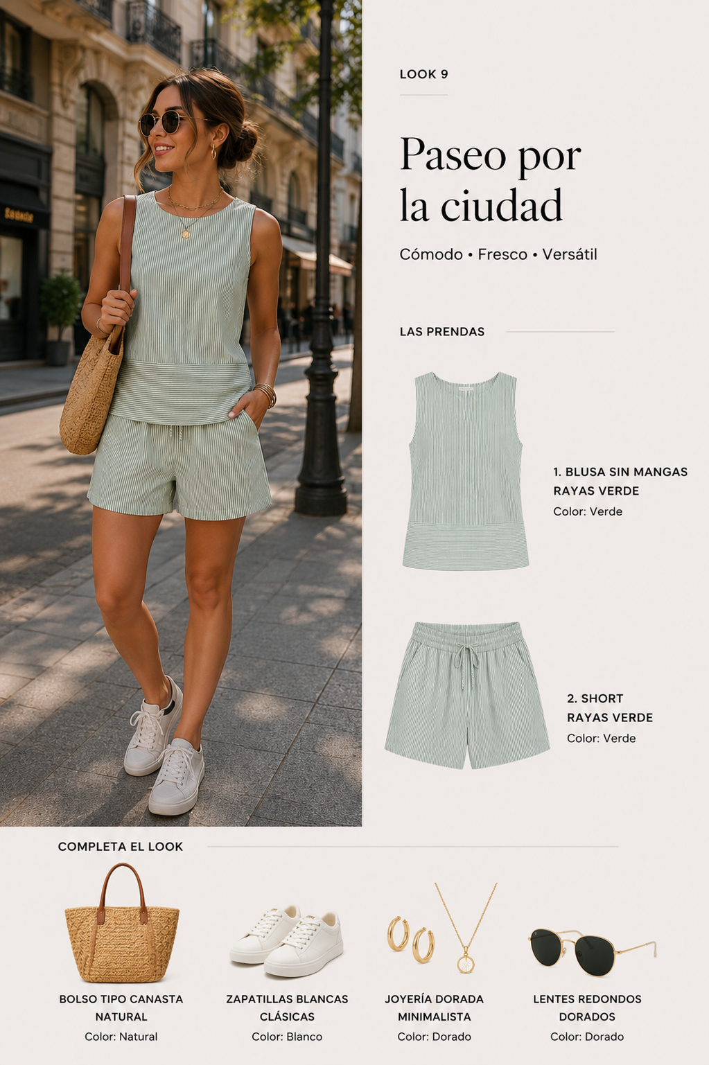 Look 9 para paseo por la ciudad con conjunto de dos piezas verde suave