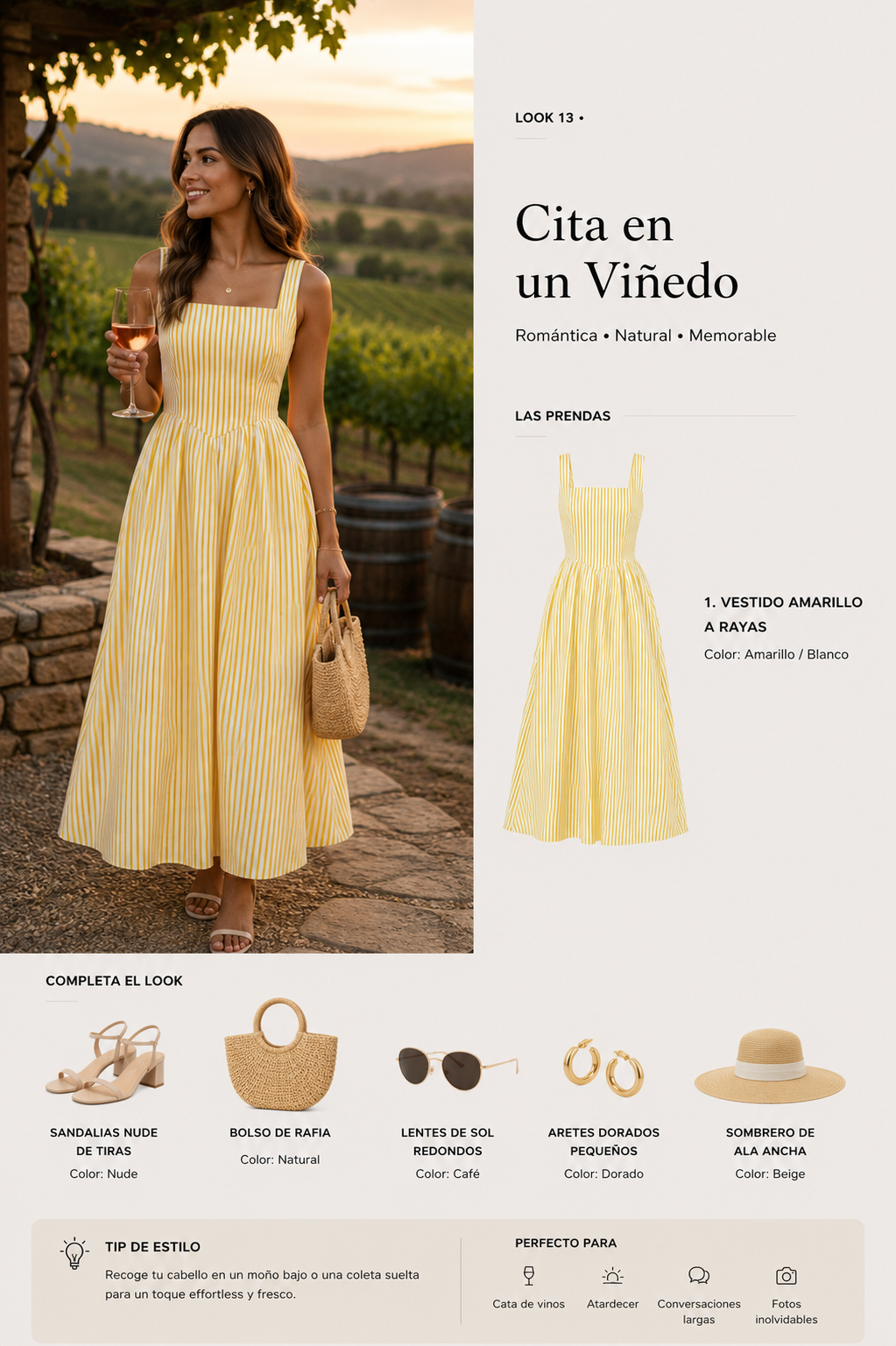 Look 13 con vestido maxi amarillo de rayas para una tarde en un viñedo