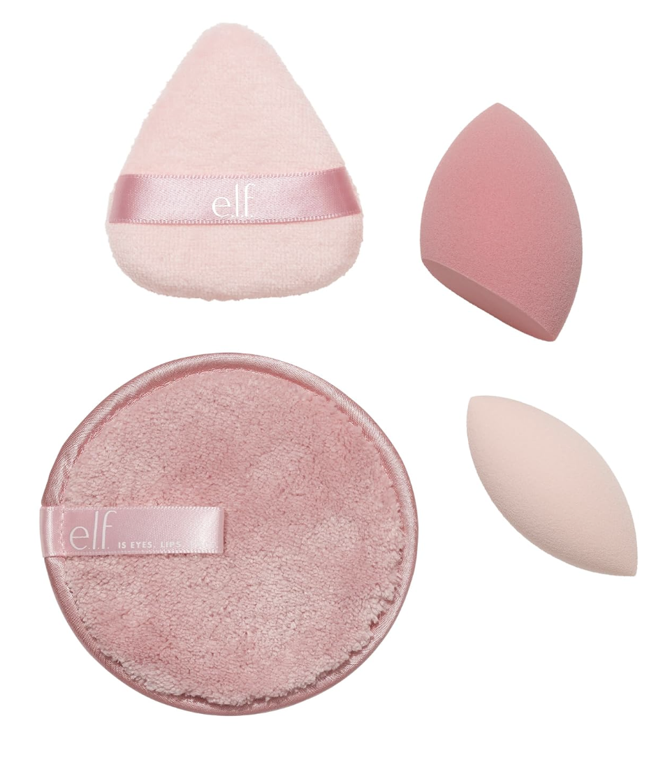 Set rosa e.l.f. con esponjas y borlas para maquillaje y polvos