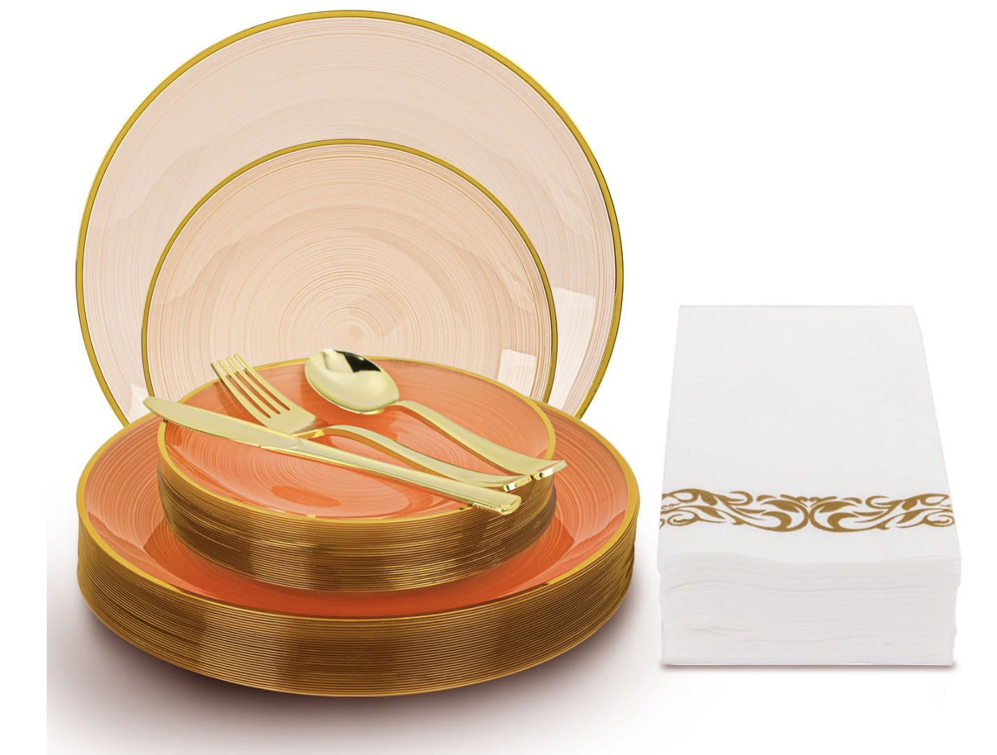 Set de vajilla desechable con platos naranjas y borde dorado para 30 invitados