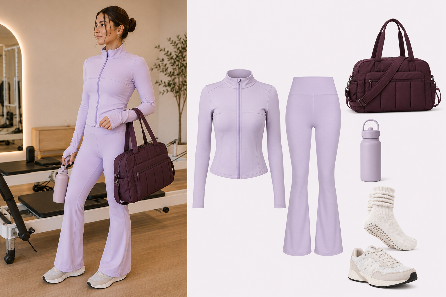Look 02 · Lilac Pilates — outfit completo de Pilates con accesorios