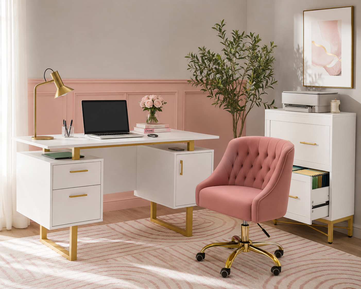 Home office femenino en rosa blush blanco y dorado