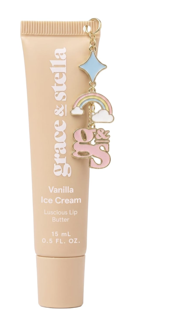 Bálsamo labial de vainilla Grace & Stella color crema con charm decorativo