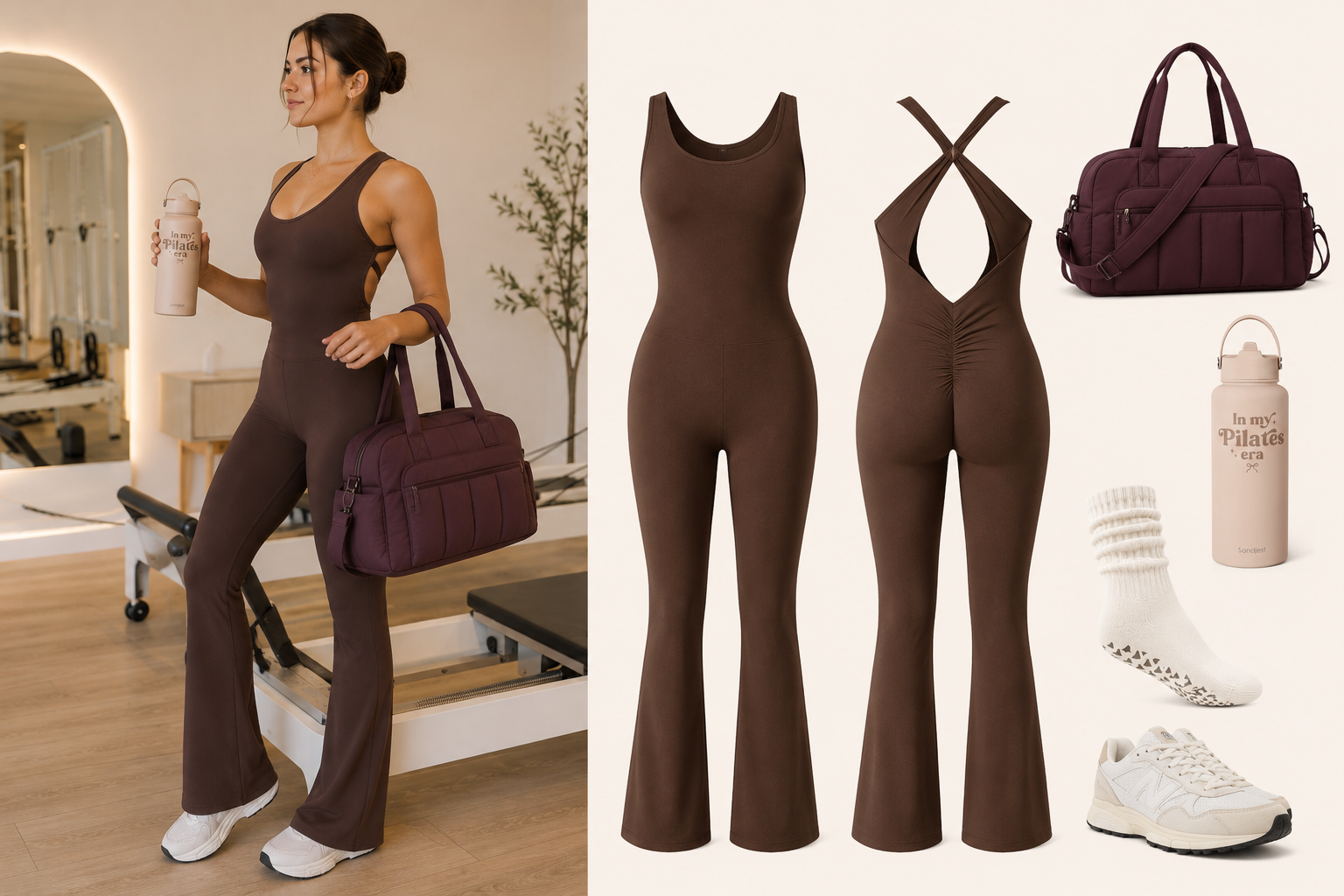 Look 01 · Espresso Pilates — outfit completo de Pilates con accesorios