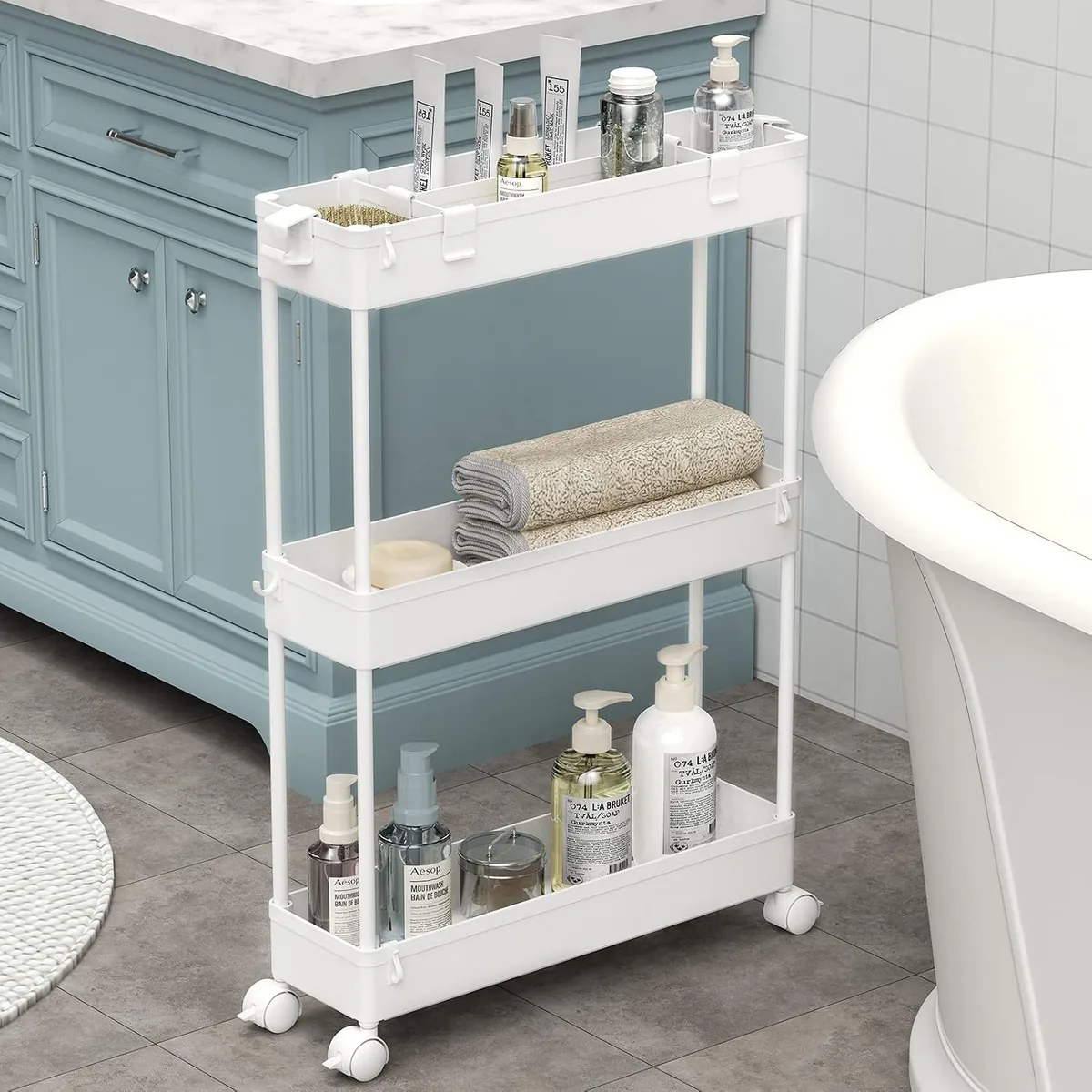 Slim Storage Cart — 3 Tier Bathroom Organizer Rolling Utility, White