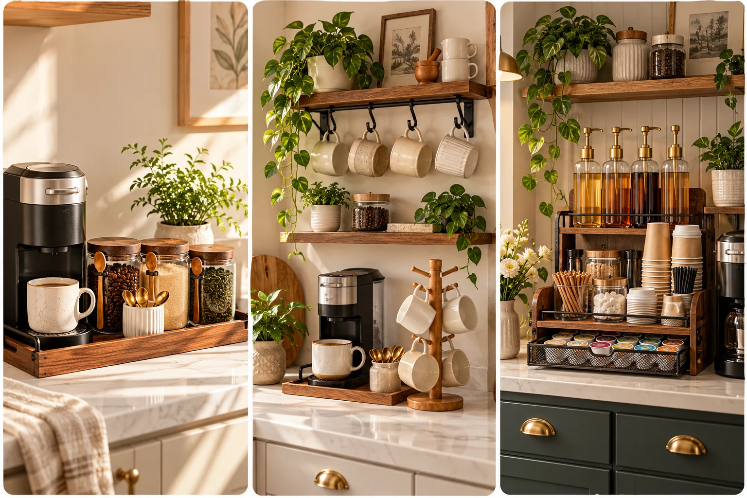 Tres estaciones de café en casa: una esquina sencilla con bandeja de madera y frascos, un rincón con repisas flotantes y tazas colgadas, y una estación estilo cafetería con dispensadores de jarabes, frascos de galletas y cápsulas ordenadas