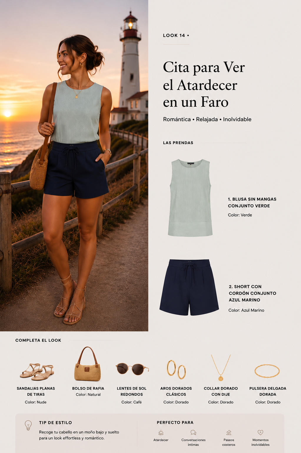 Look 14 con blusa con lazo y short navy para un atardecer en un faro