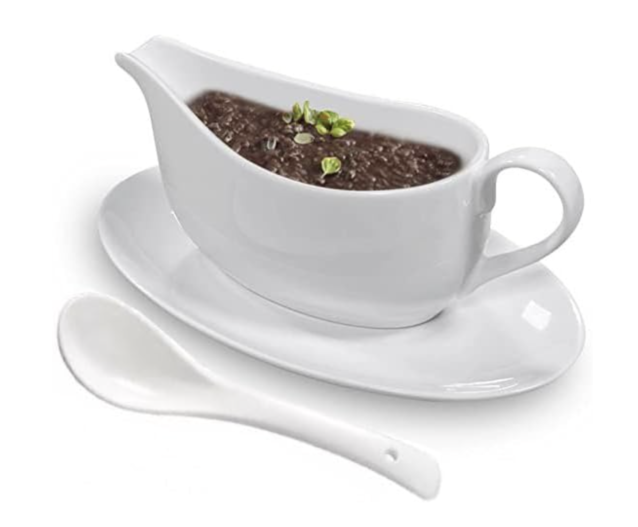 Gravy boat de cerámica blanco con cucharón y plato base