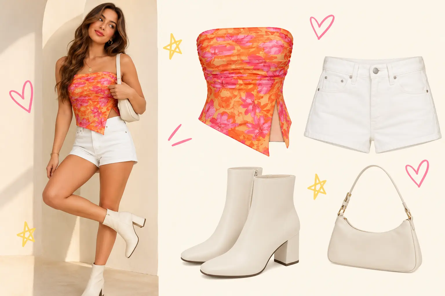 Look 3: Y2K Pop Princess: flores, shorts y botas blancas, conjunto completo y prendas que lo componen