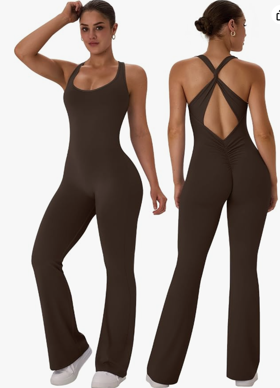 Jumpsuit chocolate con pantalón flare para Pilates, vista frontal y espalda cruzada