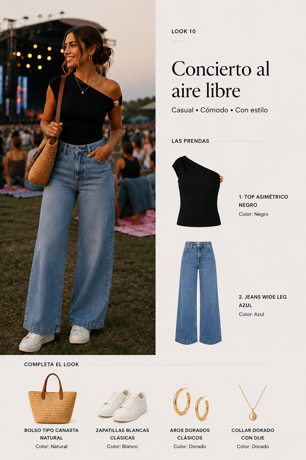 Look 10 con blusa asimétrica negra y jeans wide leg para un concierto al aire libre