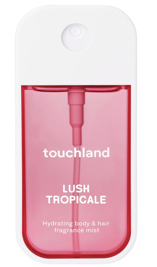 Bruma perfumada Touchland Lush Tropicale para cuerpo y cabello en envase rosa compacto