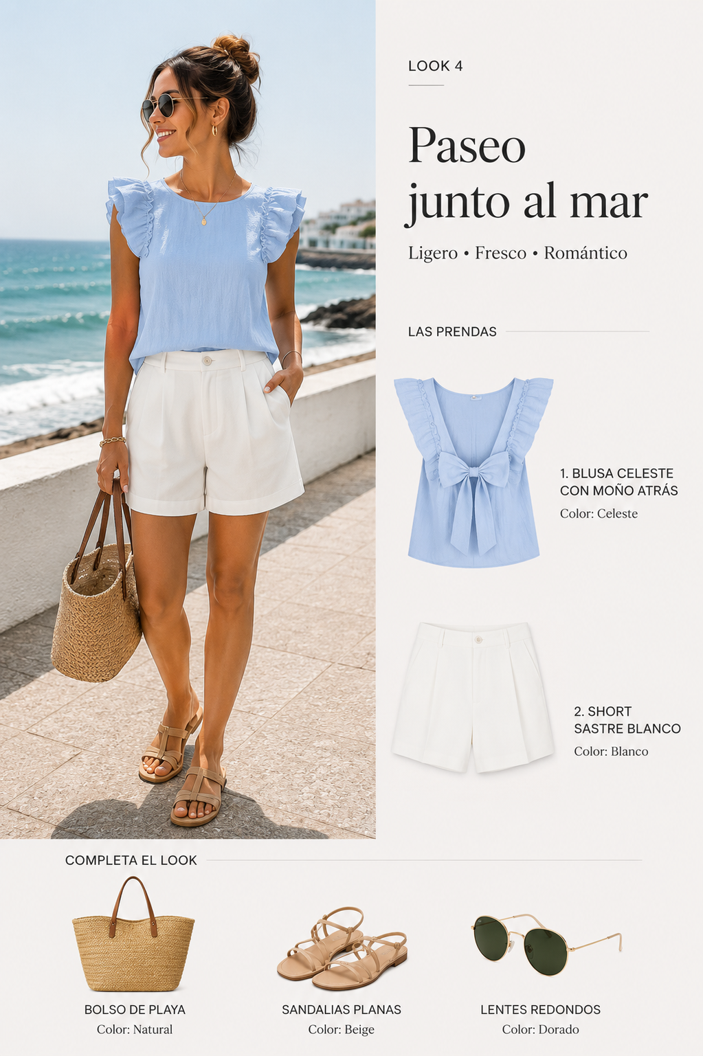 Look 4 con blusa con lazo en la espalda y short sastre blanco para un paseo frente al mar