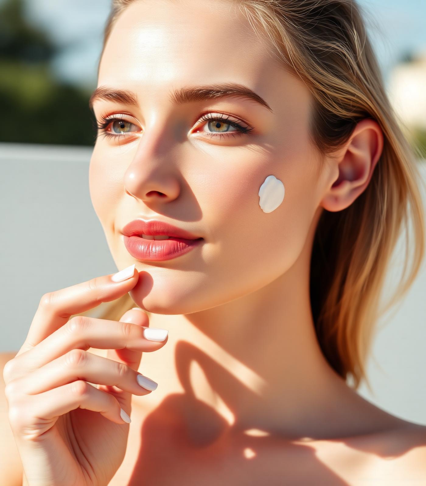 Mujer aplicando protector solar facial