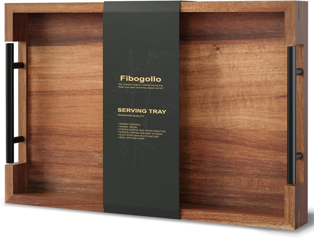 Bandeja de madera de acacia Fibogollo con asas metálicas