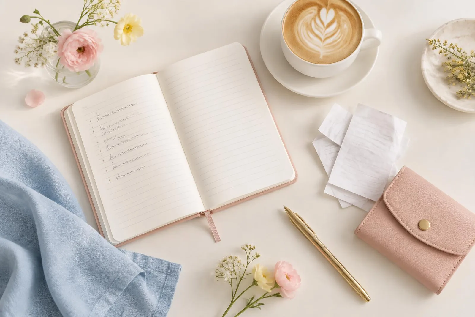Escritorio con libreta, recibos, café y una billetera rosa para hacer una auditoría de gastos de 7 días